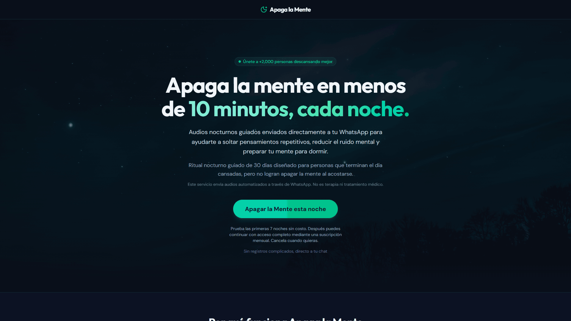 Página de inicio de Apaga la Mente, ritual nocturno guiado por WhatsApp